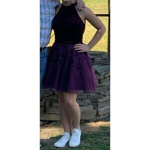 Dark Purple Halter Open Back‎ Velvet/Mesh Prom./Dance Dress
